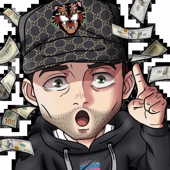 Caricatura de Ace con gorra estampada y sudadera negra entre billetes volando