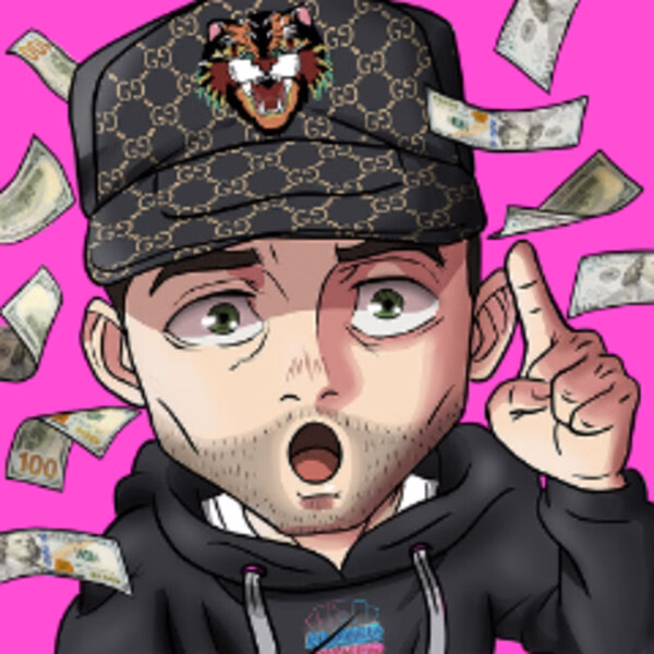 Caricatura de Ace sobre fondo rosa con gorra estampada y billetes